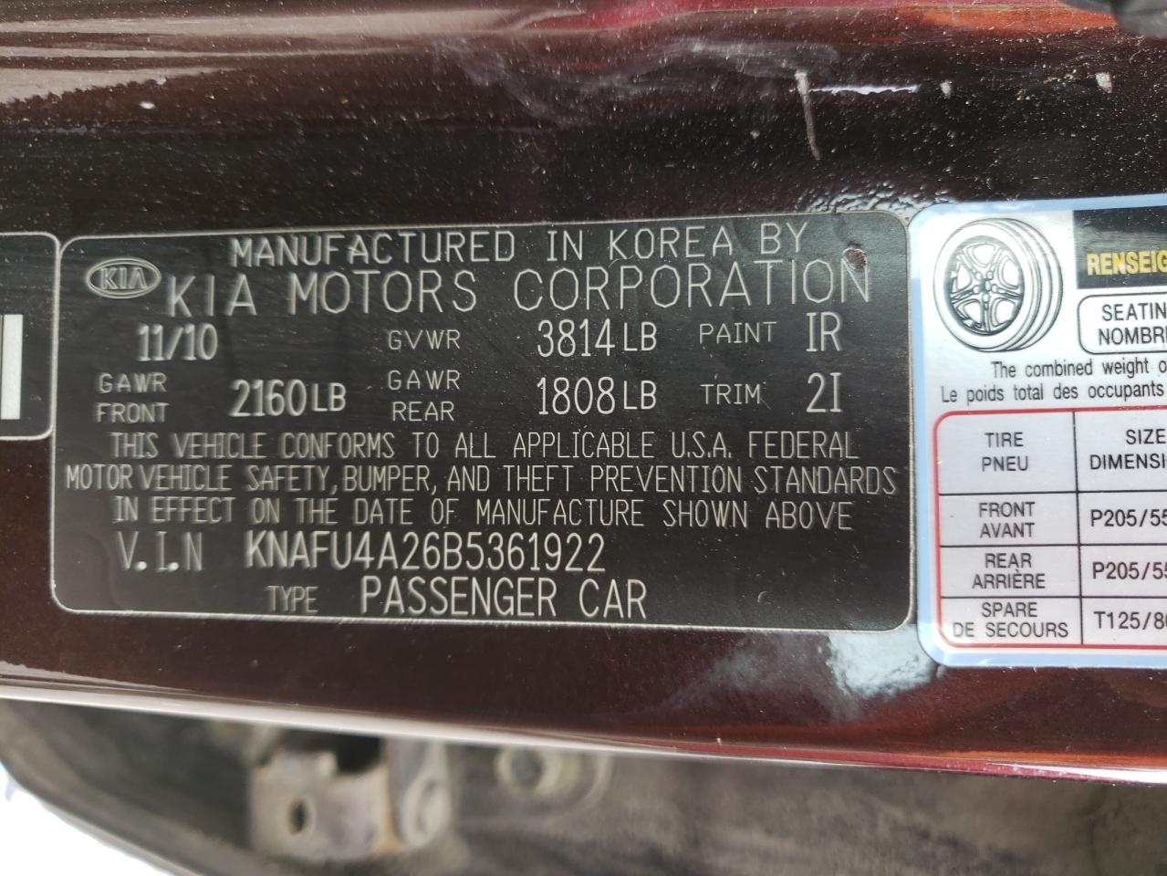 KNAFU4A26B5361922 2011 Kia Forte Ex