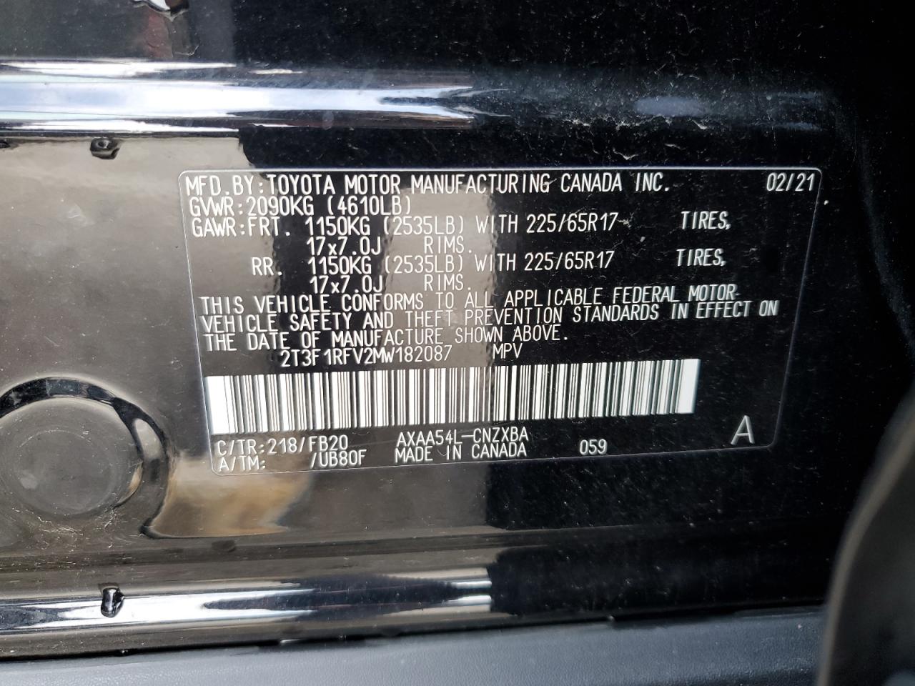 2T3F1RFV2MW182087 2021 Toyota Rav4 Le