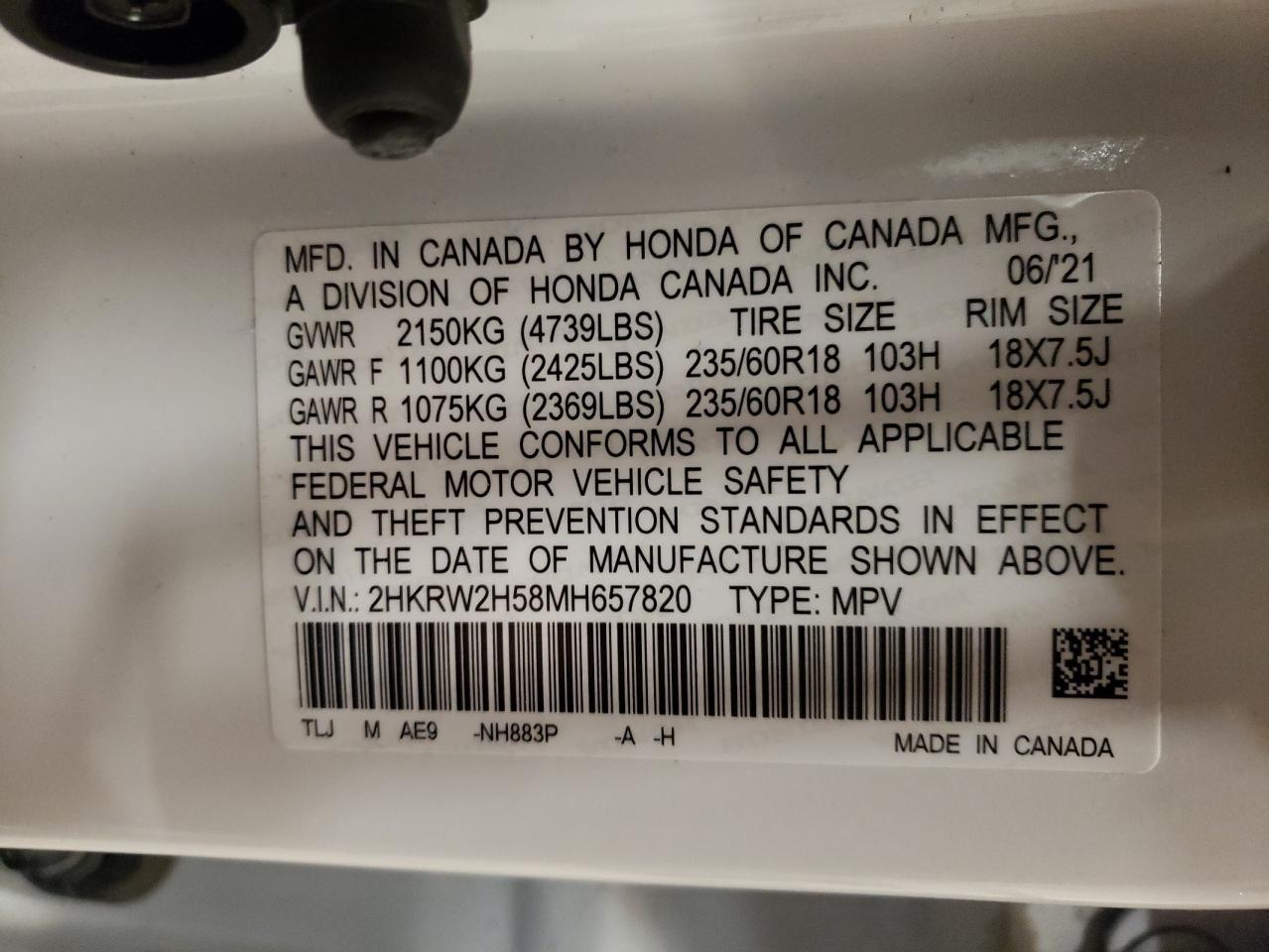2021 Honda Cr-V Ex VIN: 2HKRW2H58MH657820 Lot: 54746654