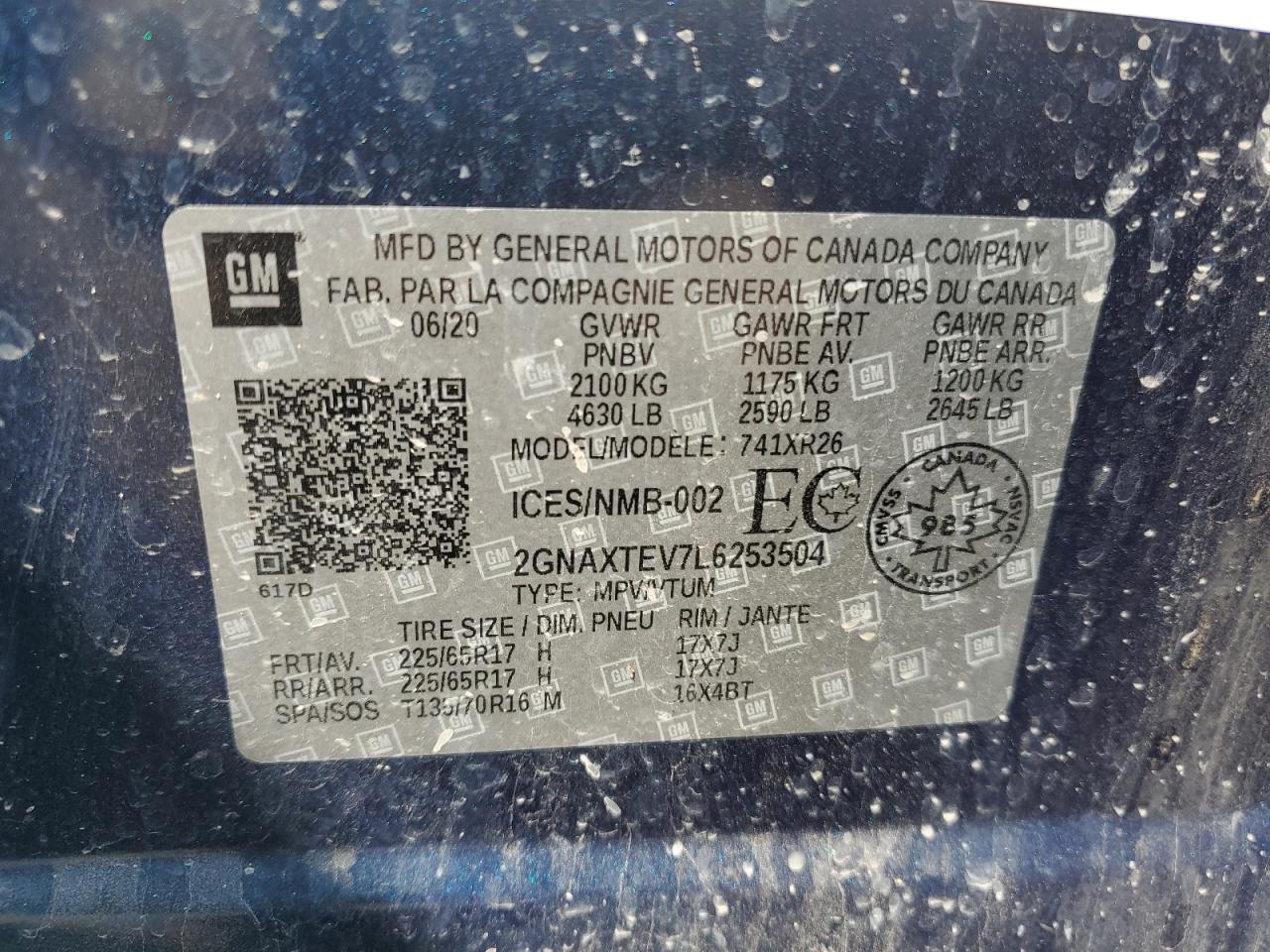 2020 Chevrolet Equinox Lt VIN: 2GNAXTEV7L6253504 Lot: 54964154