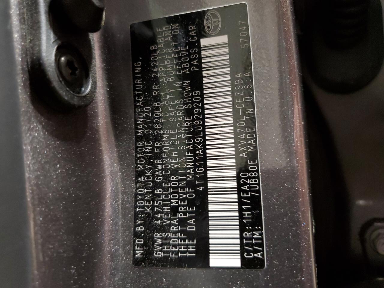 2020 Toyota Camry Se VIN: 4T1G11AK9LU929209 Lot: 55823544