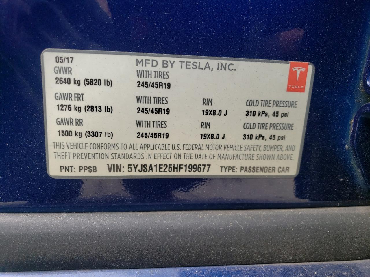 2017 Tesla Model S VIN: 5YJSA1E25HF199677 Lot: 56857384