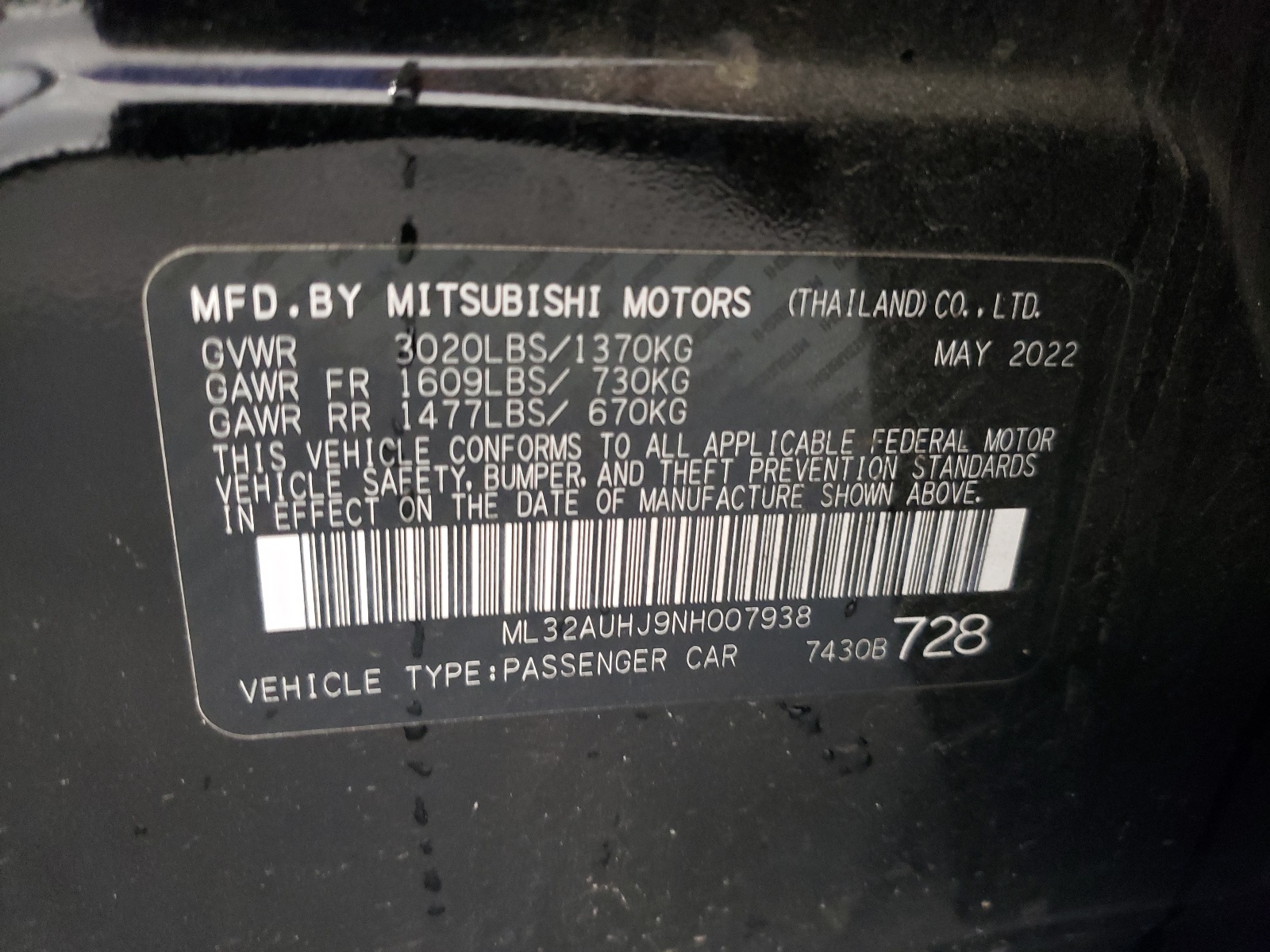 ML32AUHJ9NH007938 2022 Mitsubishi Mirage Es