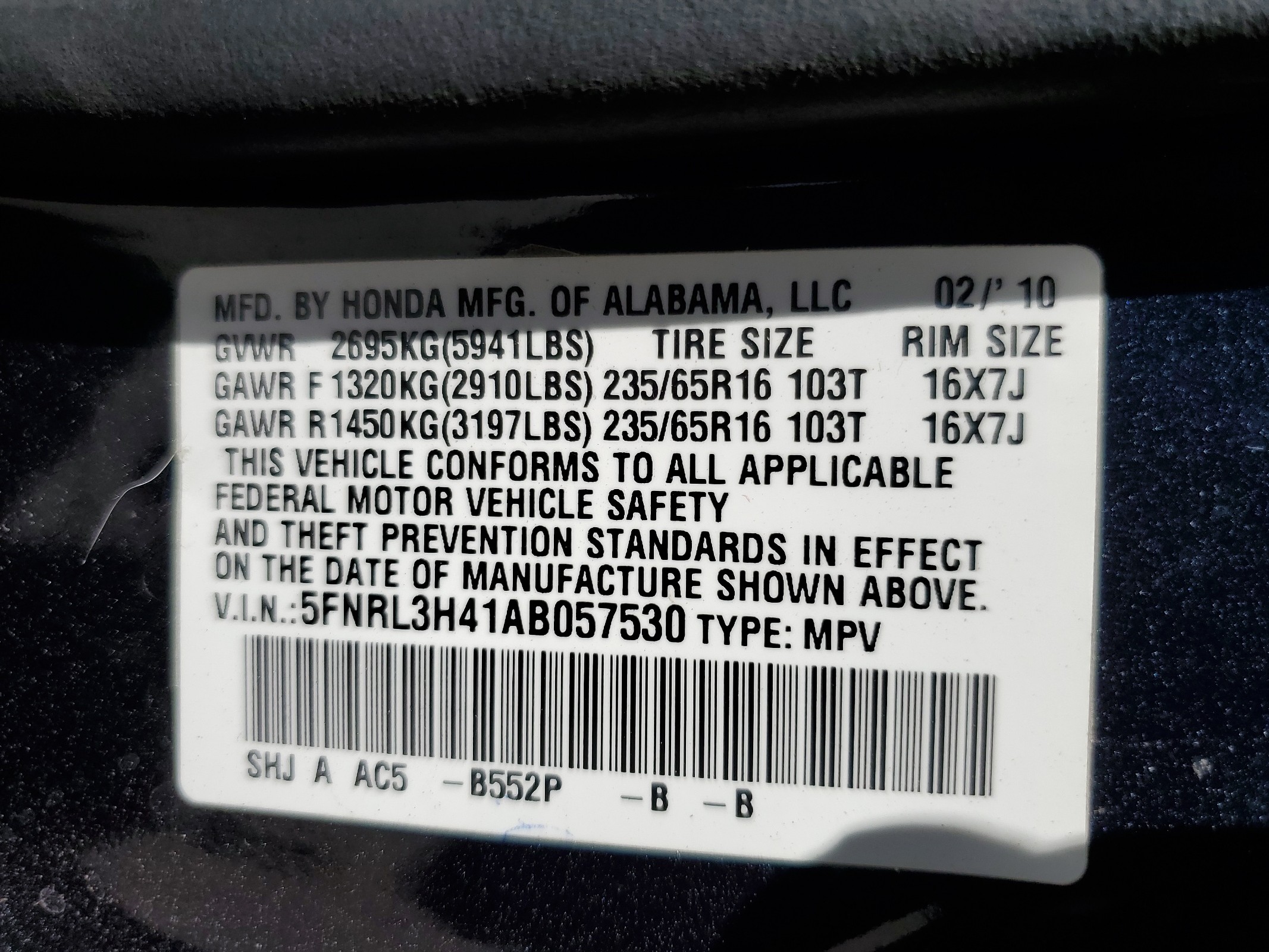 5FNRL3H41AB057530 2010 Honda Odyssey Ex