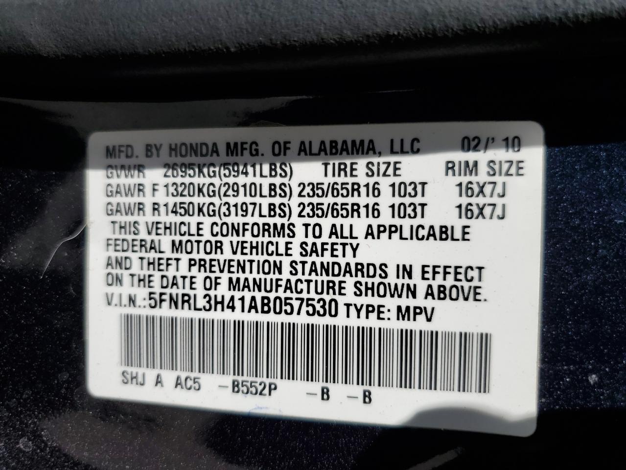 2010 Honda Odyssey Ex VIN: 5FNRL3H41AB057530 Lot: 55677344