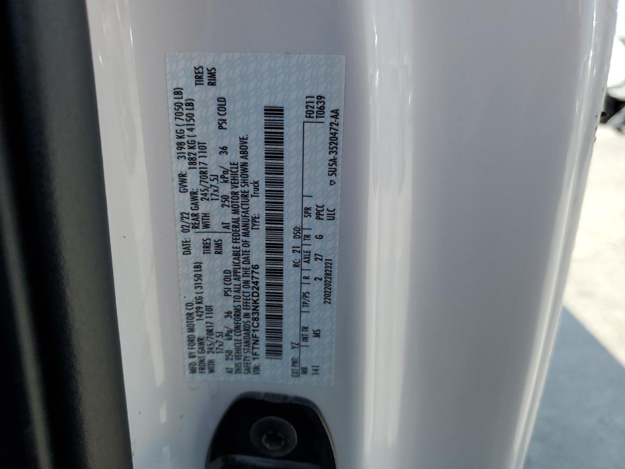 2022 Ford F150 VIN: 1FTNF1C83NKD24776 Lot: 57012794