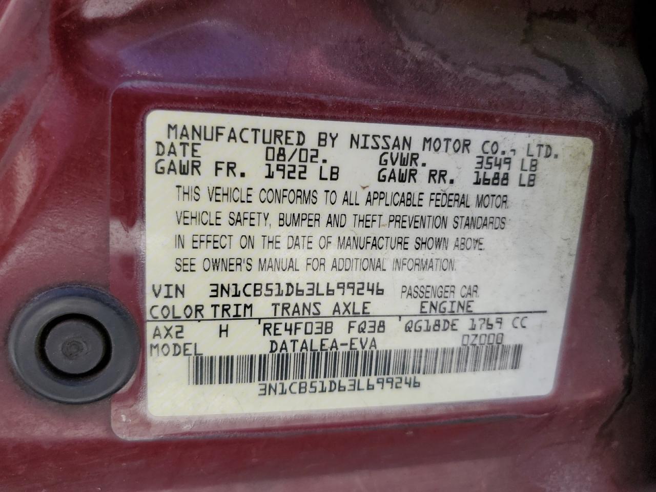 2003 Nissan Sentra Xe VIN: 3N1CB51D63L699246 Lot: 56969524