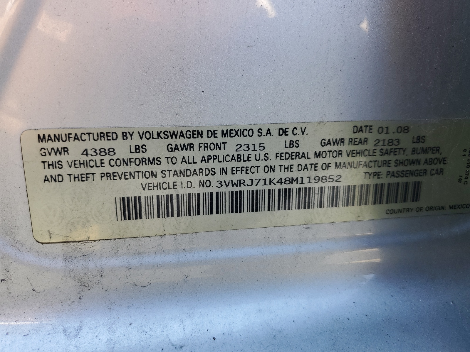 3VWRJ71K48M119852 2008 Volkswagen Jetta Wolfsburg