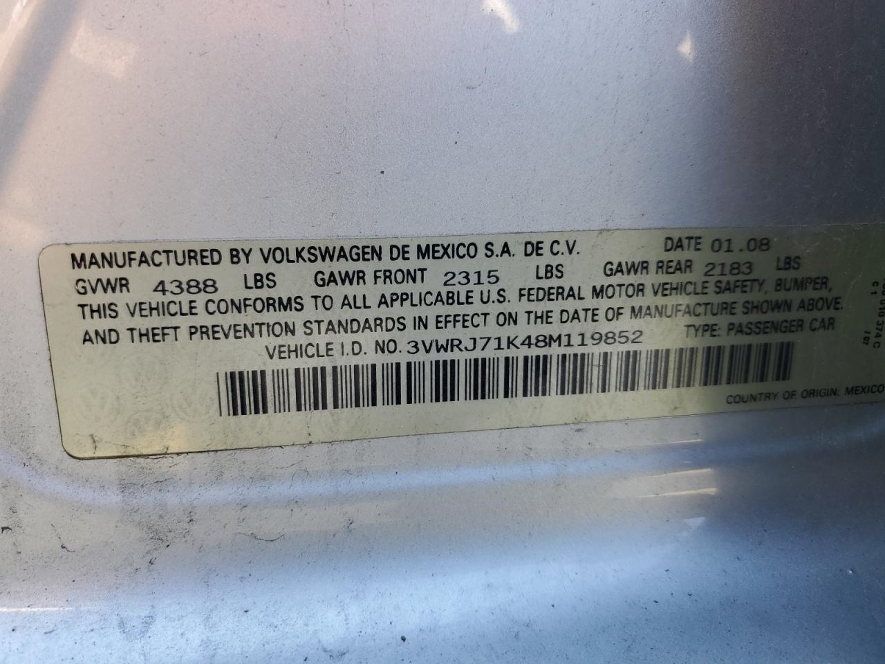 2008 Volkswagen Jetta Wolfsburg VIN: 3VWRJ71K48M119852 Lot: 52582444