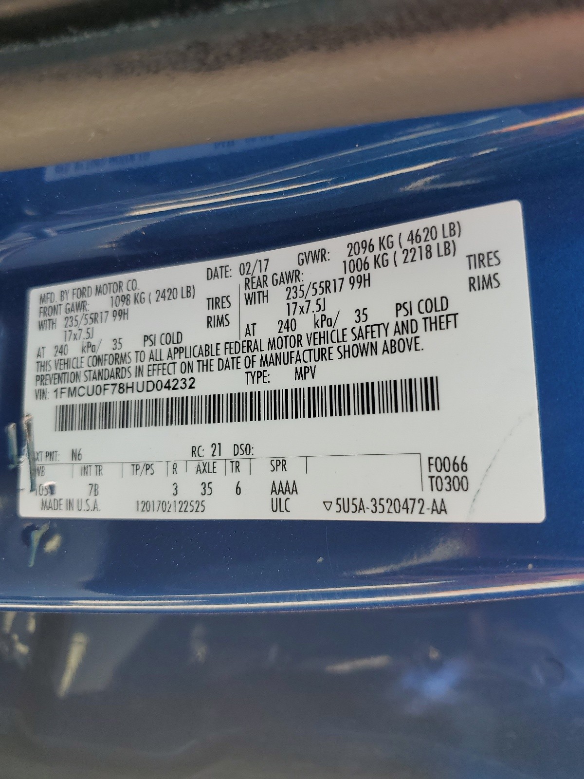 1FMCU0F78HUD04232 2017 Ford Escape S