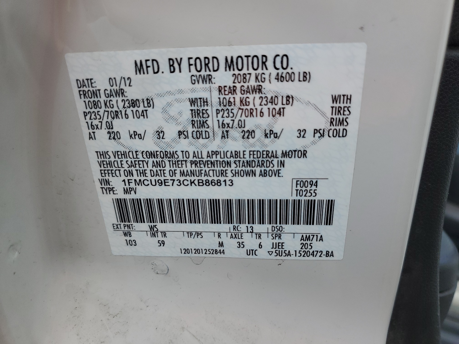 1FMCU9E73CKB86813 2012 Ford Escape Limited