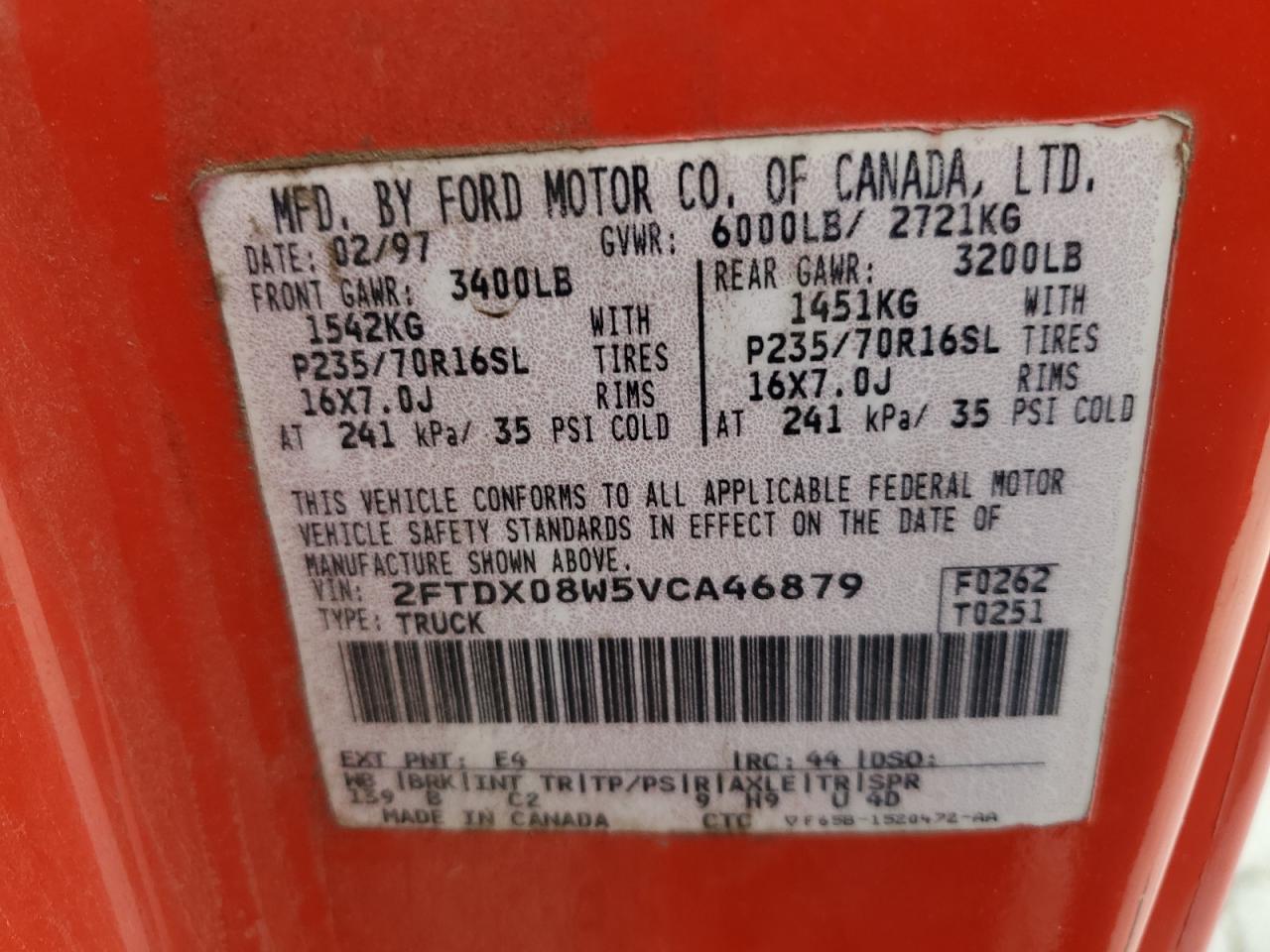 1997 Ford F150 VIN: 2FTDX08W5VCA46879 Lot: 53627054