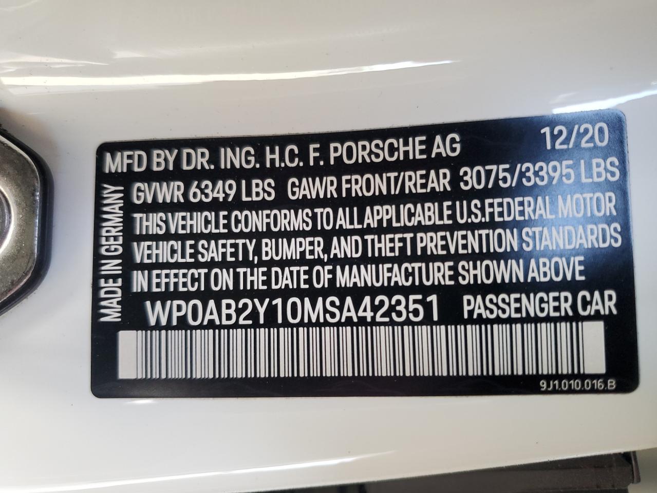 2021 Porsche Taycan 4S VIN: WP0AB2Y10MSA42351 Lot: 55399724