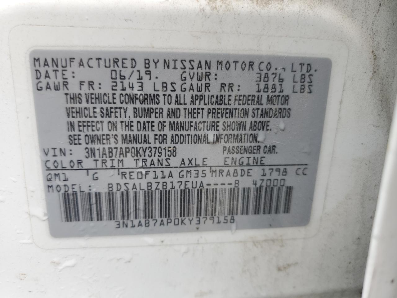 3N1AB7AP0KY379158 2019 Nissan Sentra S