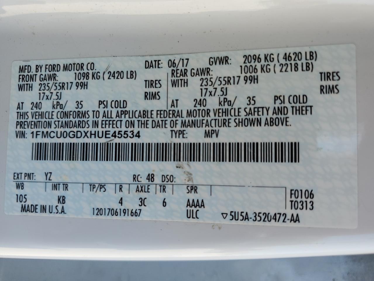 2017 Ford Escape Se VIN: 1FMCU0GDXHUE45534 Lot: 55425964