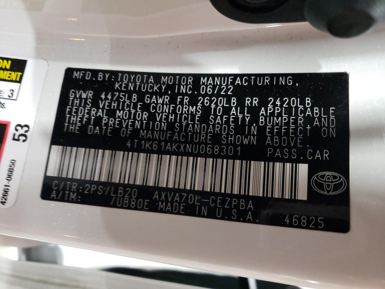 4T1K61AKXNU068301 2022 Toyota Camry Xse