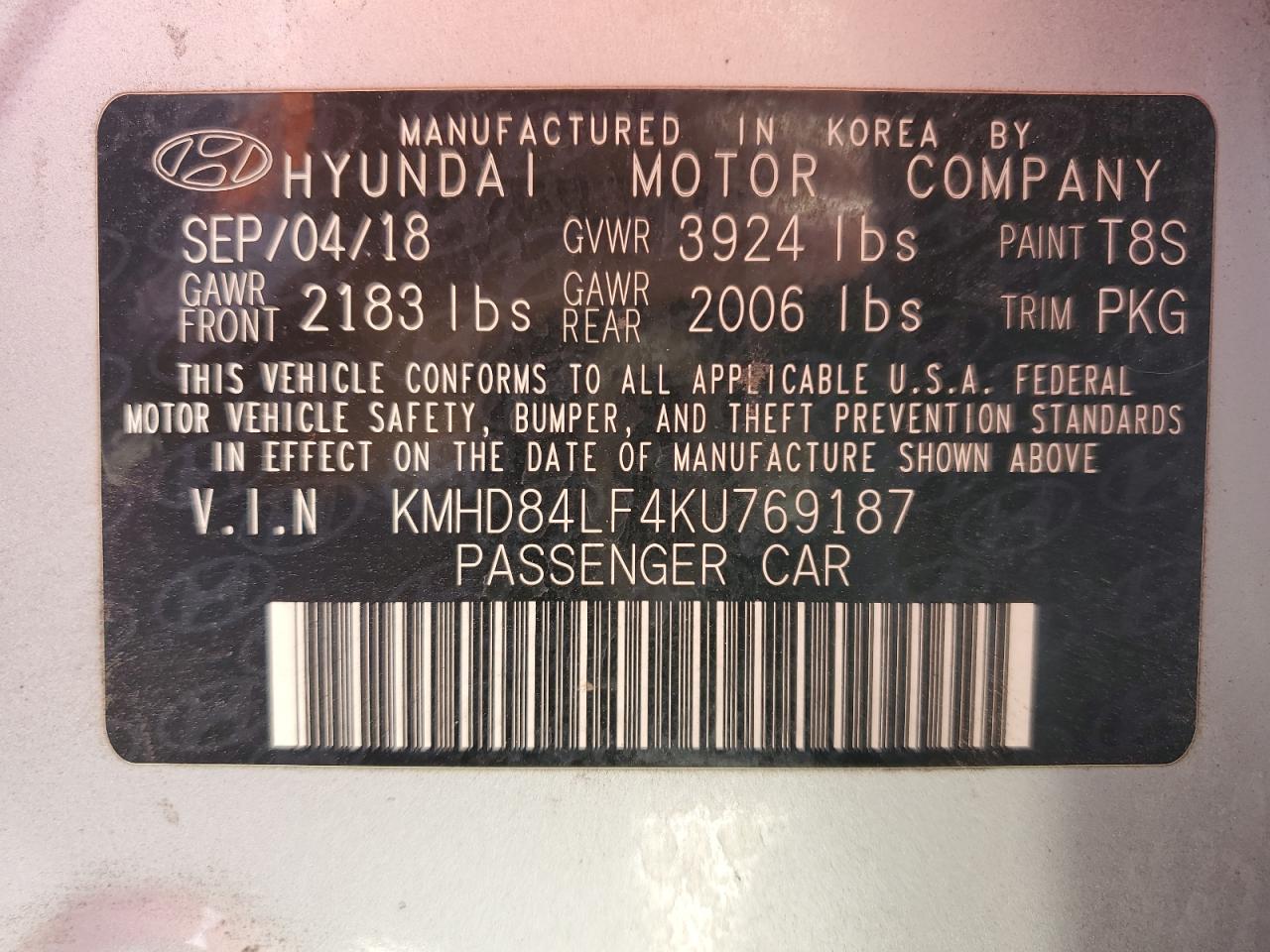 2019 Hyundai Elantra Sel VIN: KMHD84LF4KU769187 Lot: 55927034