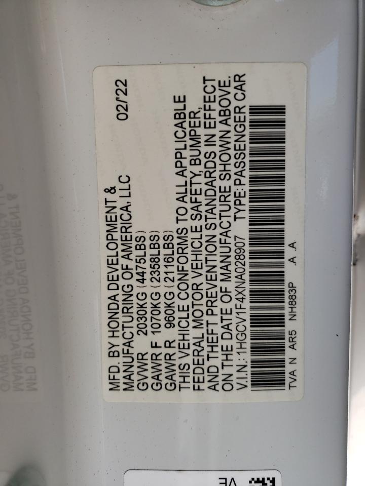 2022 Honda Accord Sport Se VIN: 1HGCV1F4XNA028907 Lot: 57120544