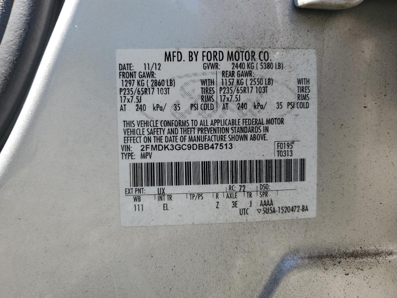 2013 Ford Edge Se VIN: 2FMDK3GC9DBB47513 Lot: 56872024