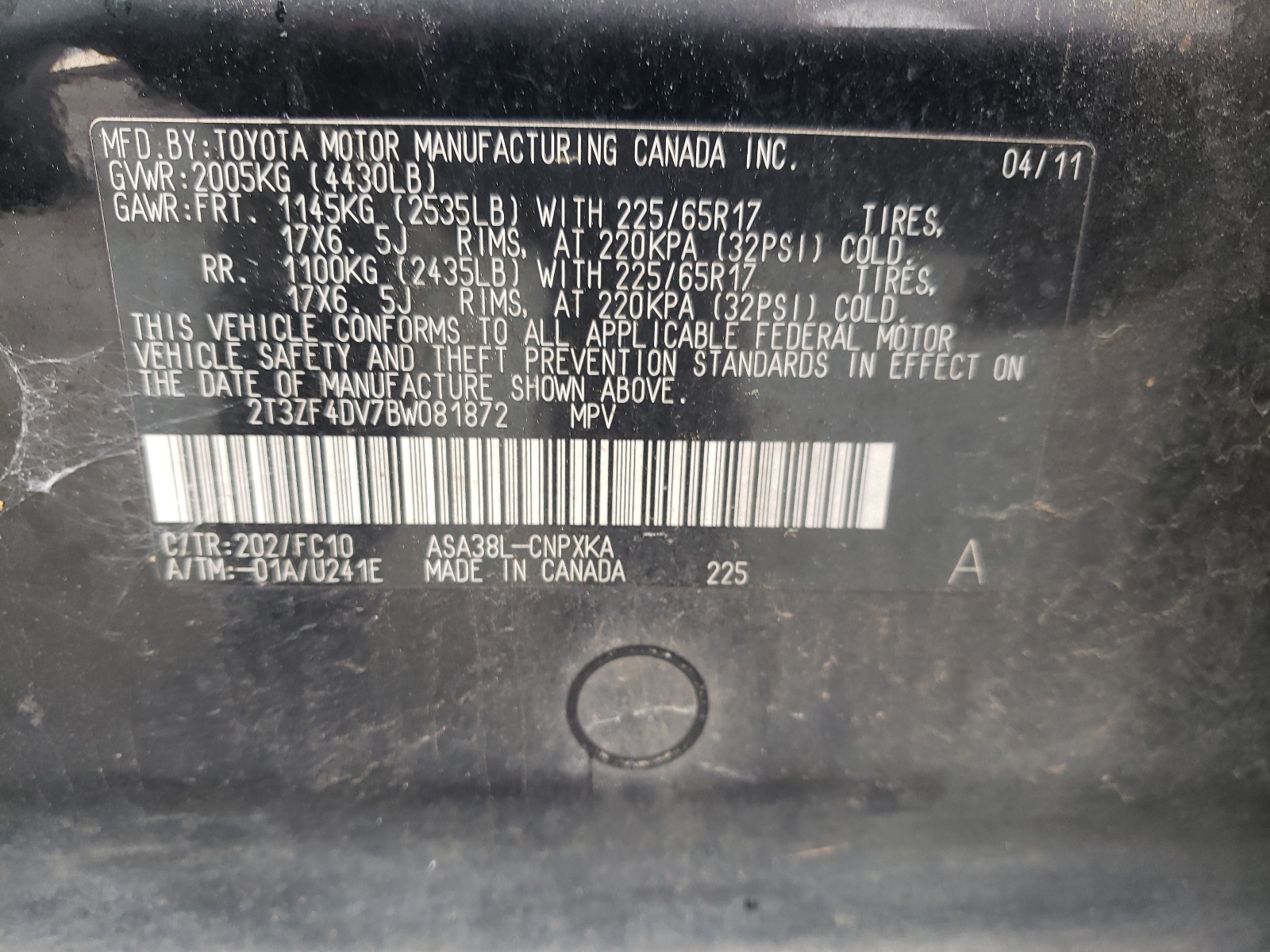 2T3ZF4DV7BW081872 2011 Toyota Rav4