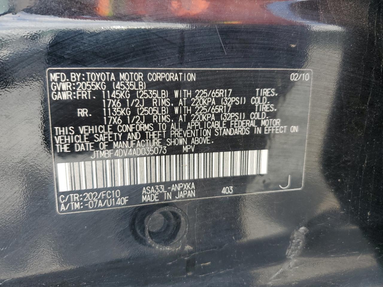 2010 Toyota Rav4 VIN: JTMBF4DV4AD035073 Lot: 55085534