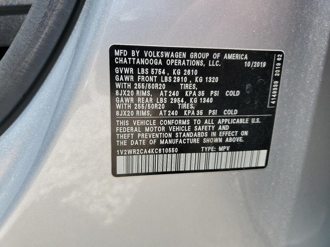 2019 Volkswagen Atlas Se VIN: 1V2WR2CA4KC610550 Lot: 57287214
