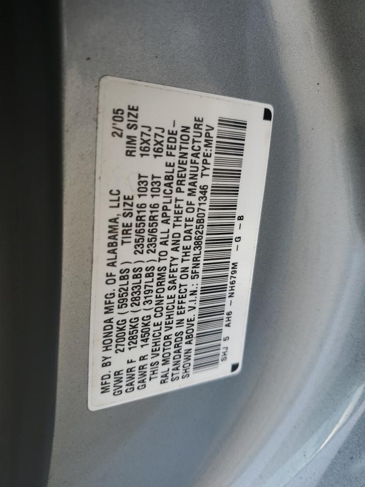 2005 Honda Odyssey Exl VIN: 5FNRL38625B071346 Lot: 56179384