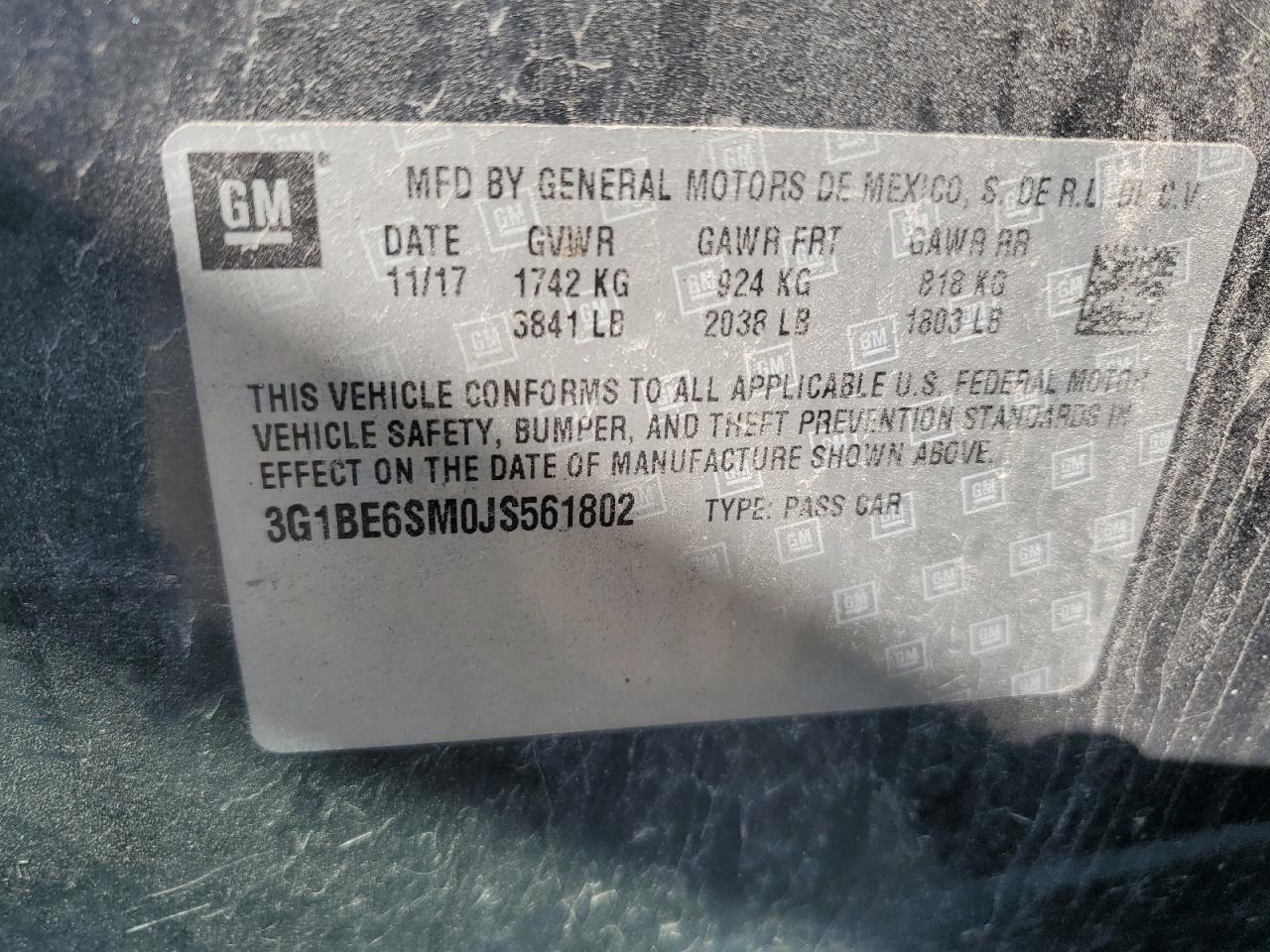 2018 Chevrolet Cruze Lt VIN: 3G1BE6SM0JS561802 Lot: 54421354