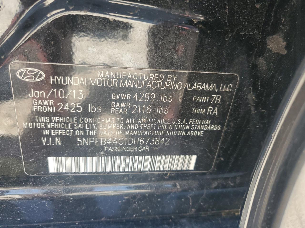 2013 Hyundai Sonata Gls VIN: 5NPEB4AC1DH673842 Lot: 54810444