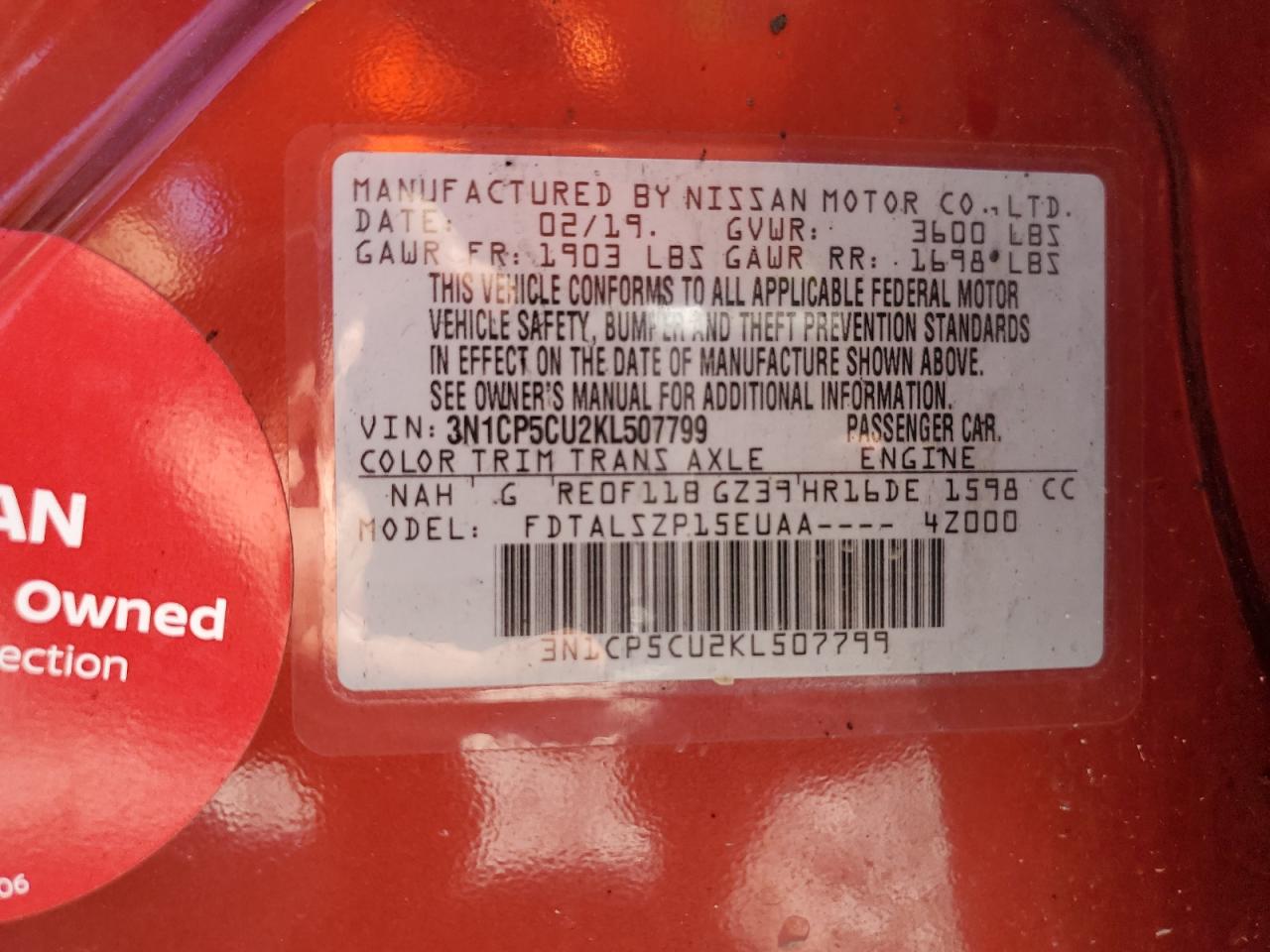 2019 Nissan Kicks S VIN: 3N1CP5CU2KL507799 Lot: 53983414