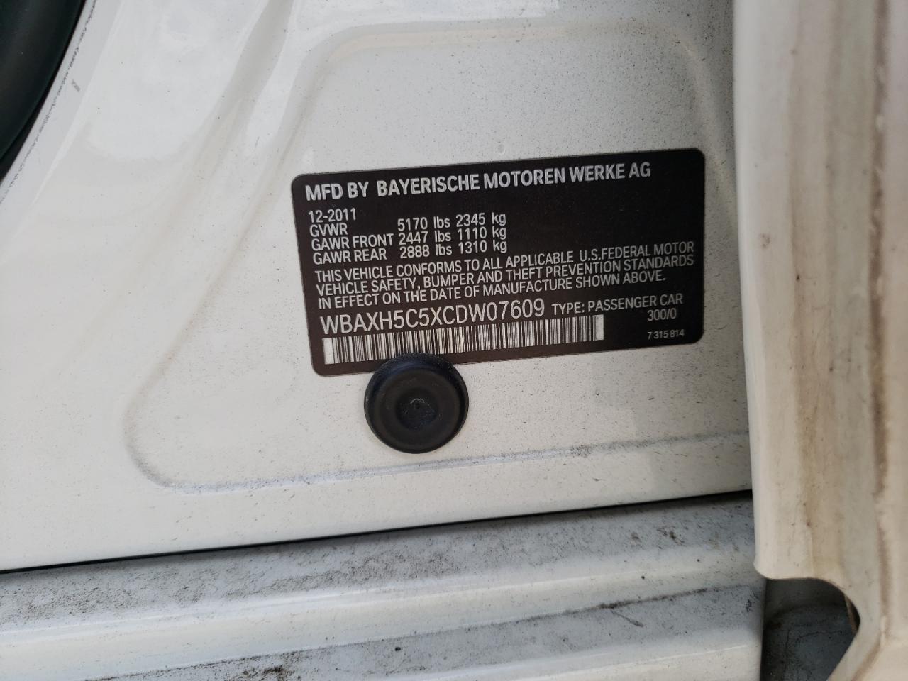 2012 BMW 528 Xi VIN: WBAXH5C5XCDW07609 Lot: 53625934