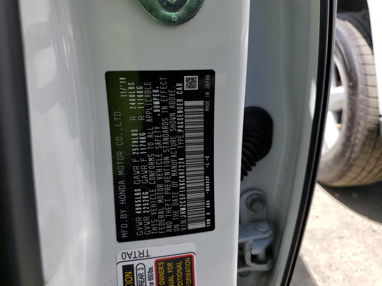 2019 Honda Clarity VIN: JHMZC5F16KC007224 Lot: 53864484