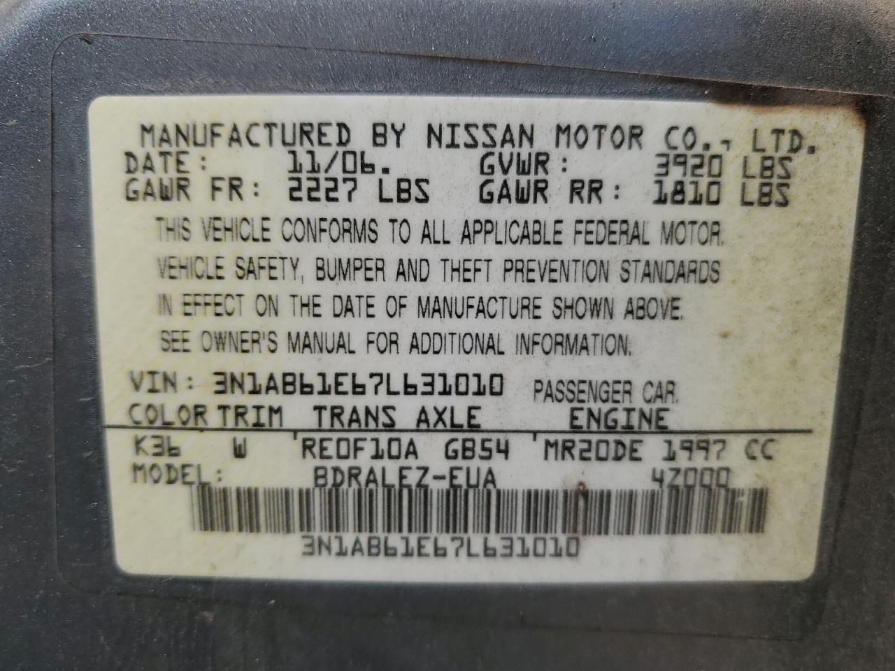 2007 Nissan Sentra 2.0 VIN: 3N1AB61E67L631010 Lot: 55499614