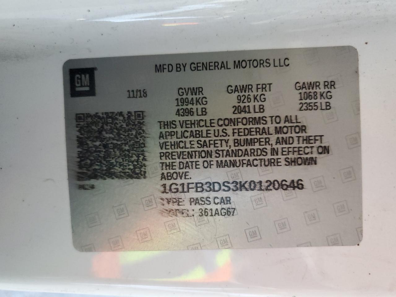 2019 Chevrolet Camaro Ls VIN: 1G1FB3DS3K0120646 Lot: 56255504