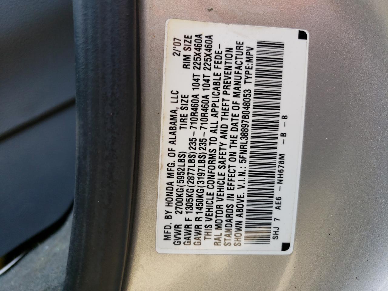 5FNRL38897B048053 2007 Honda Odyssey Touring