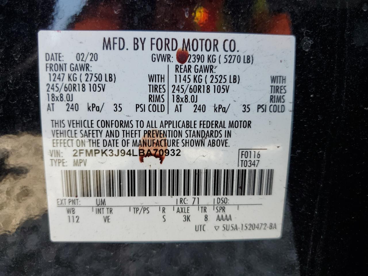 2020 Ford Edge Sel VIN: 2FMPK3J94LBA70932 Lot: 54788684