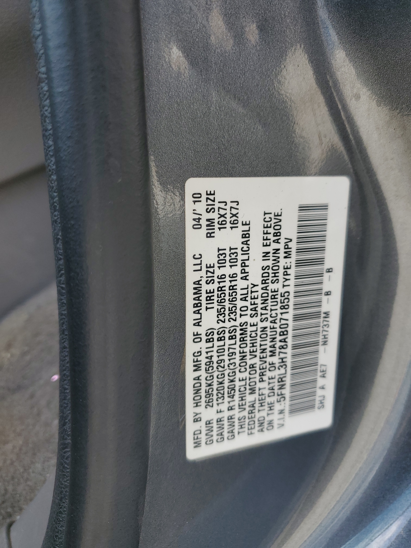 5FNRL3H78AB071855 2010 Honda Odyssey Exl