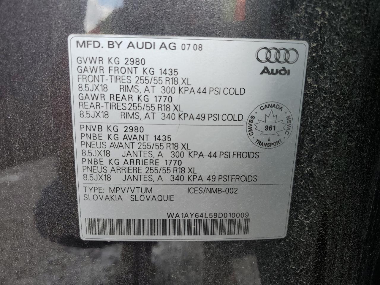 WA1AY64L59D010009 2009 Audi Q7 3.6 Quattro