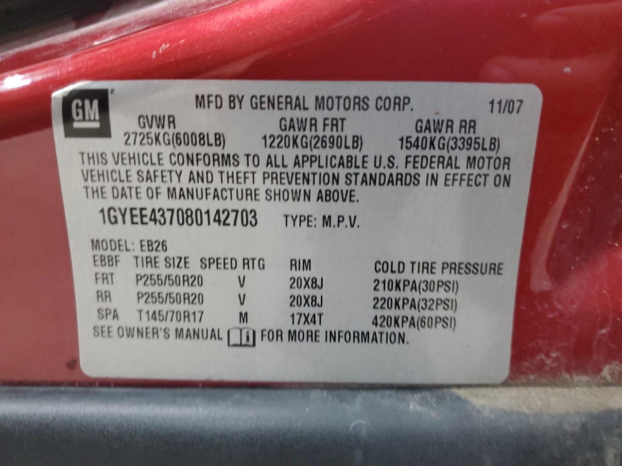 2008 Cadillac Srx VIN: 1GYEE437080142703 Lot: 55592444