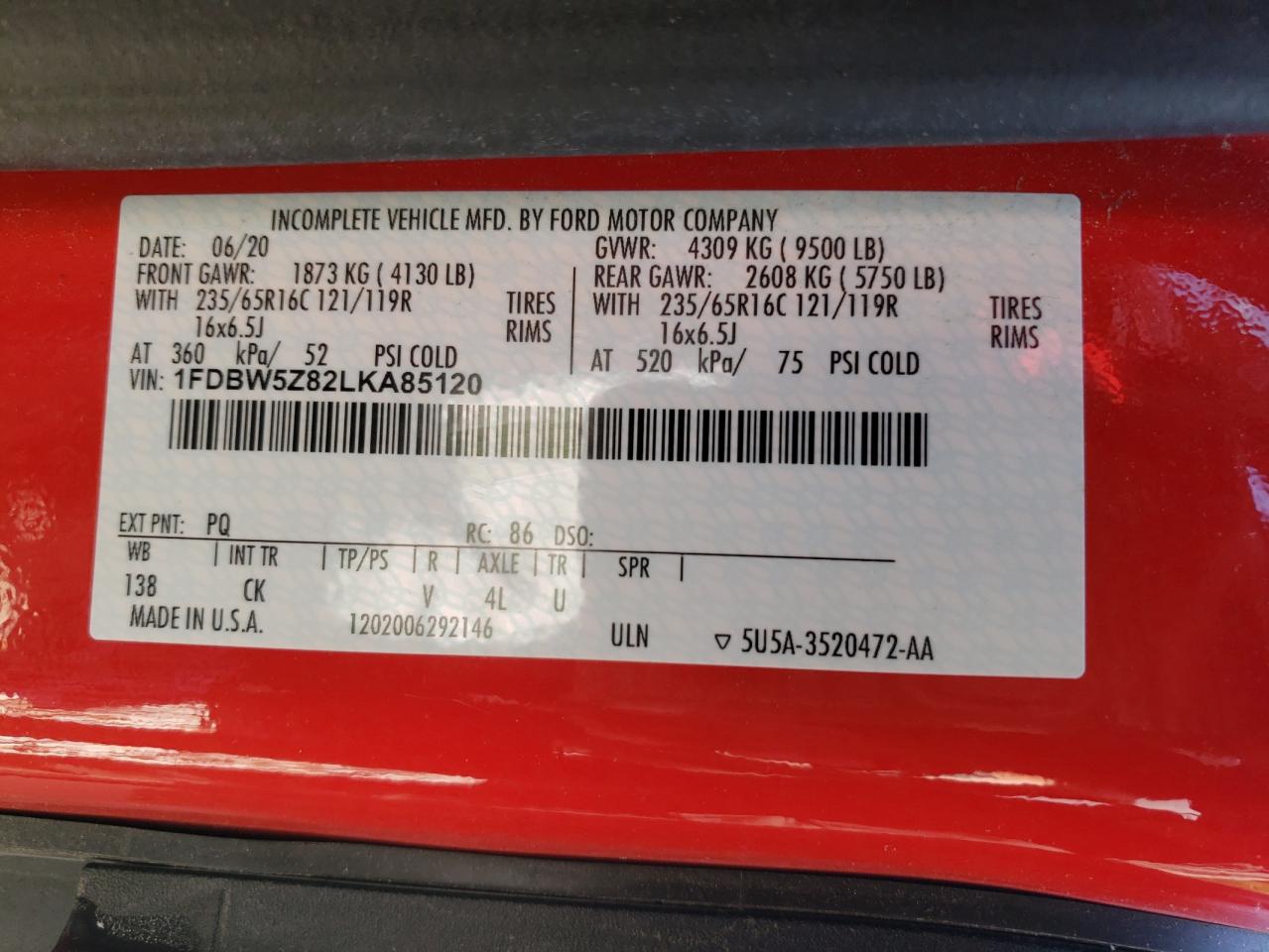 2020 Ford Transit T-350 VIN: 1FDBW5Z82LKA85120 Lot: 55889884