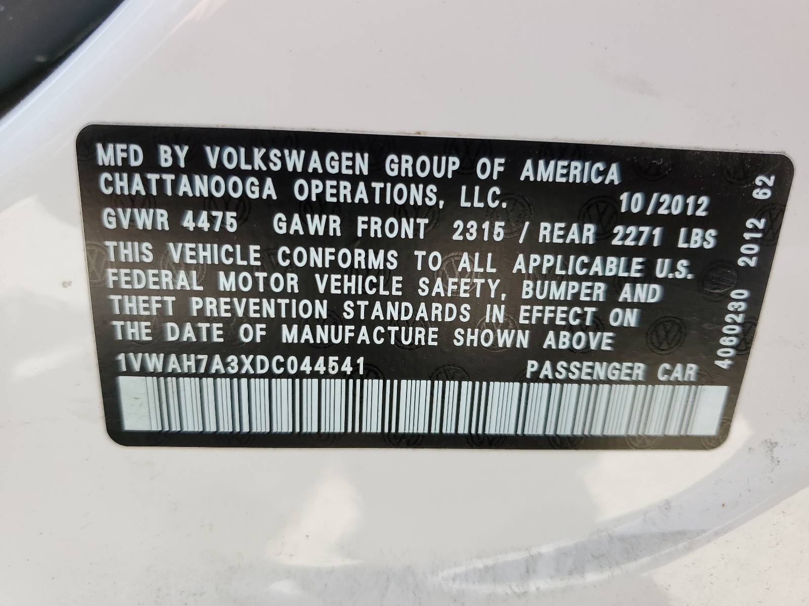 1VWAH7A3XDC044541 2013 Volkswagen Passat S