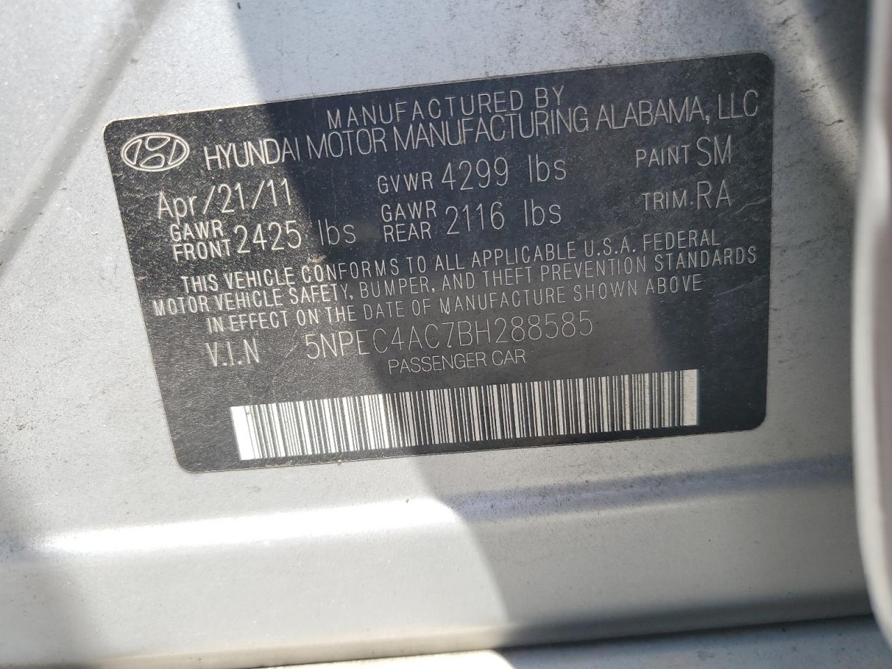 5NPEC4AC7BH288585 2011 Hyundai Sonata Se