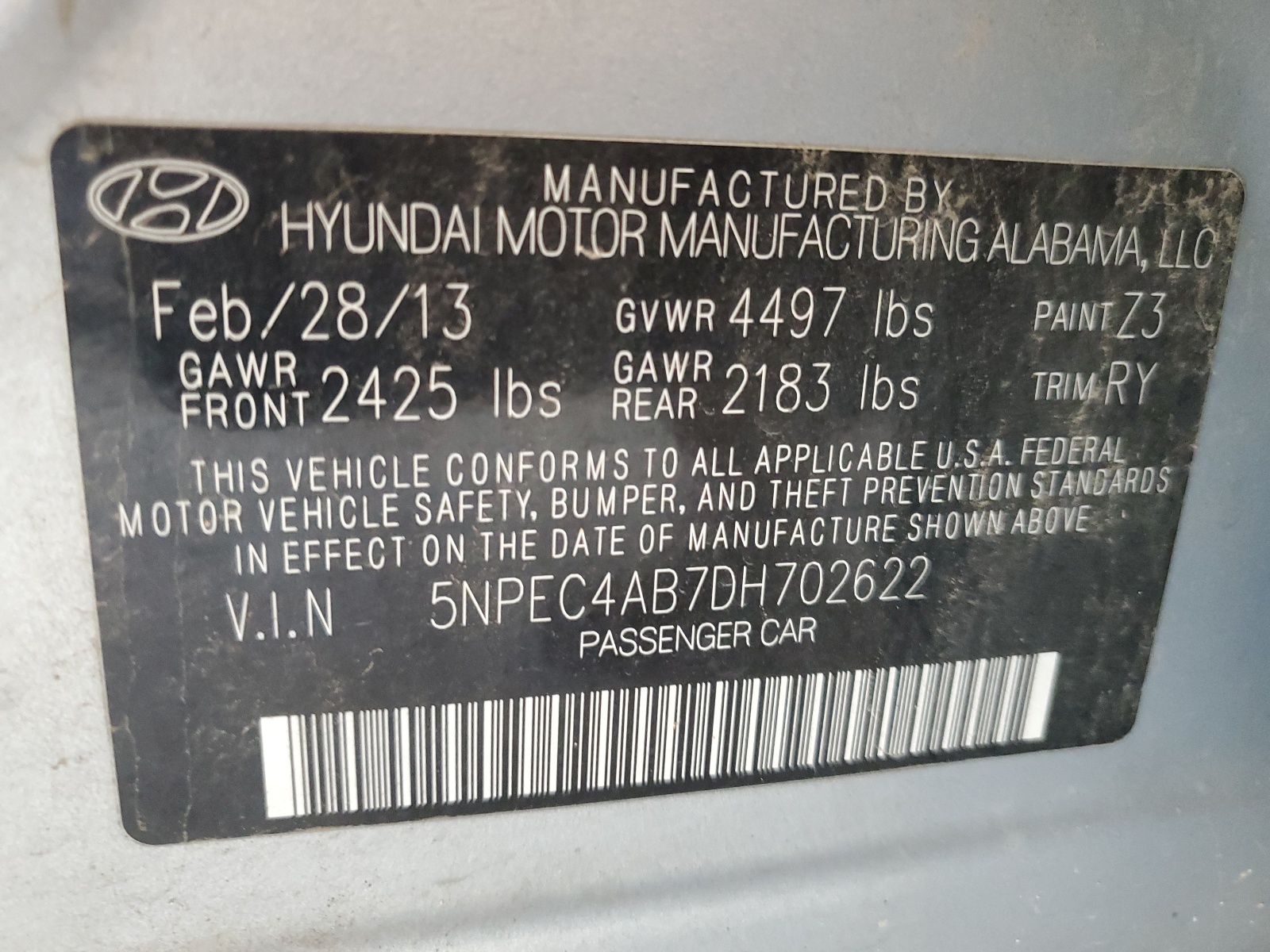 2013 Hyundai Sonata Se vin: 5NPEC4AB7DH702622