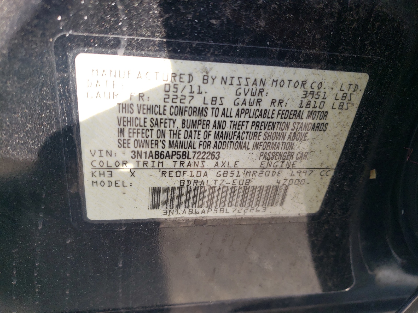 3N1AB6AP5BL722263 2011 Nissan Sentra 2.0