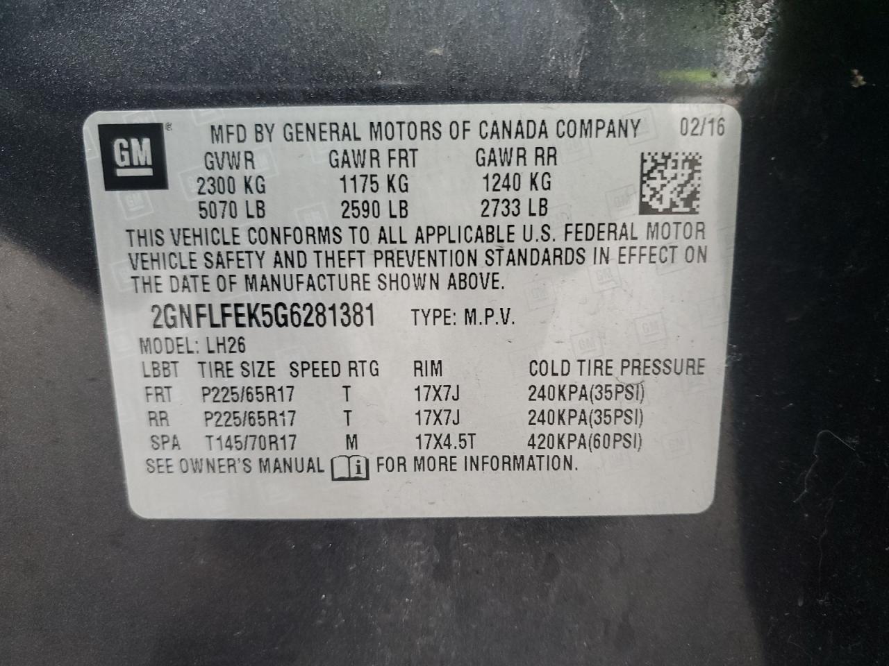 2GNFLFEK5G6281381 2016 Chevrolet Equinox Lt