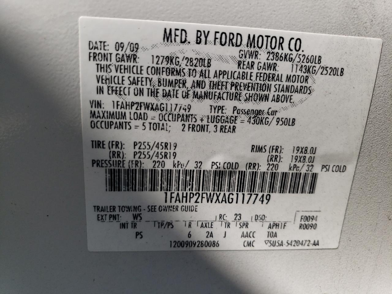 1FAHP2FWXAG117749 2010 Ford Taurus Limited