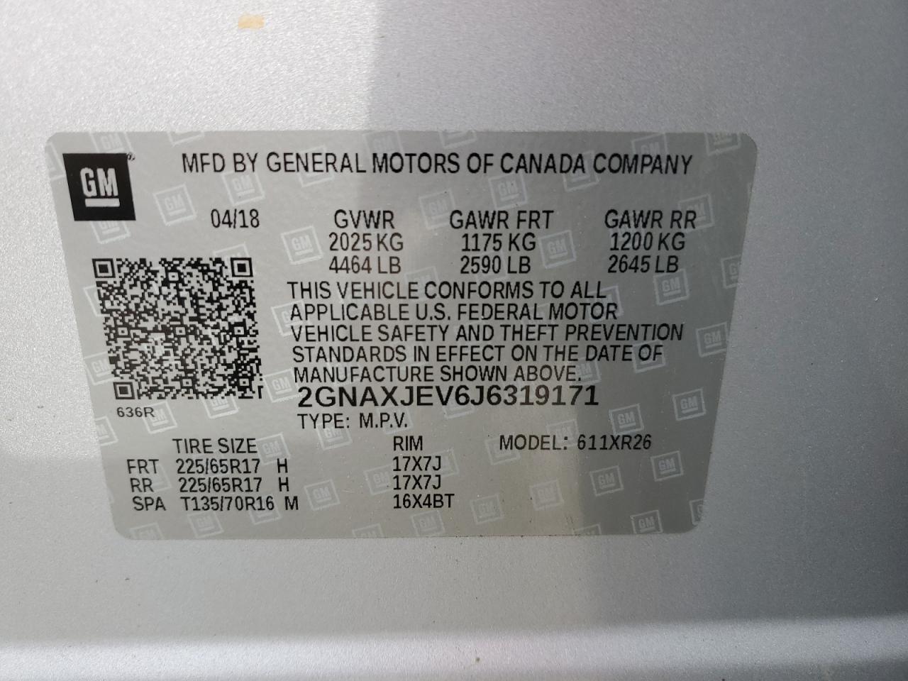 2GNAXJEV6J6319171 2018 Chevrolet Equinox Lt