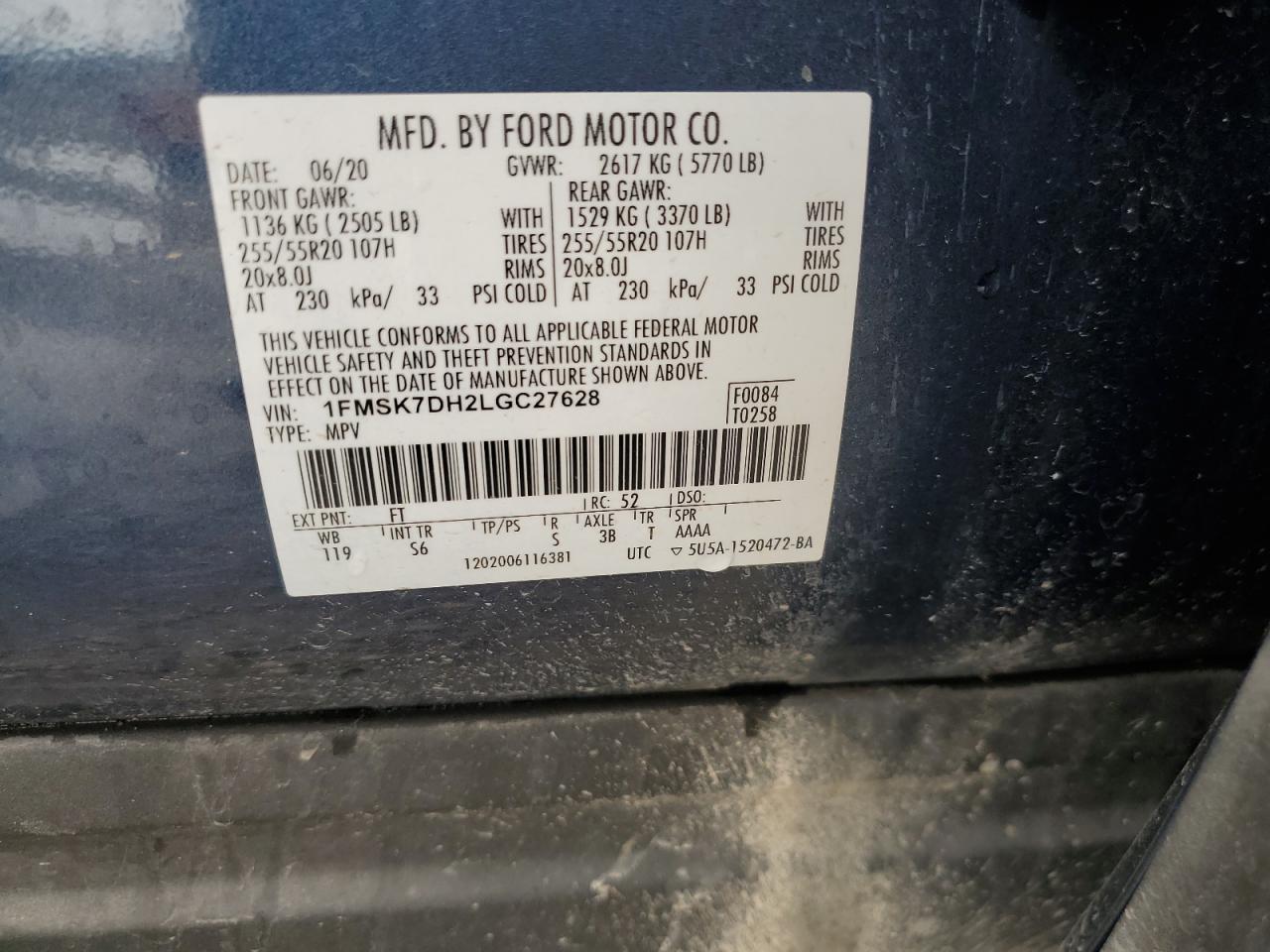 2020 Ford Explorer Xlt VIN: 1FMSK7DH2LGC27628 Lot: 53833764