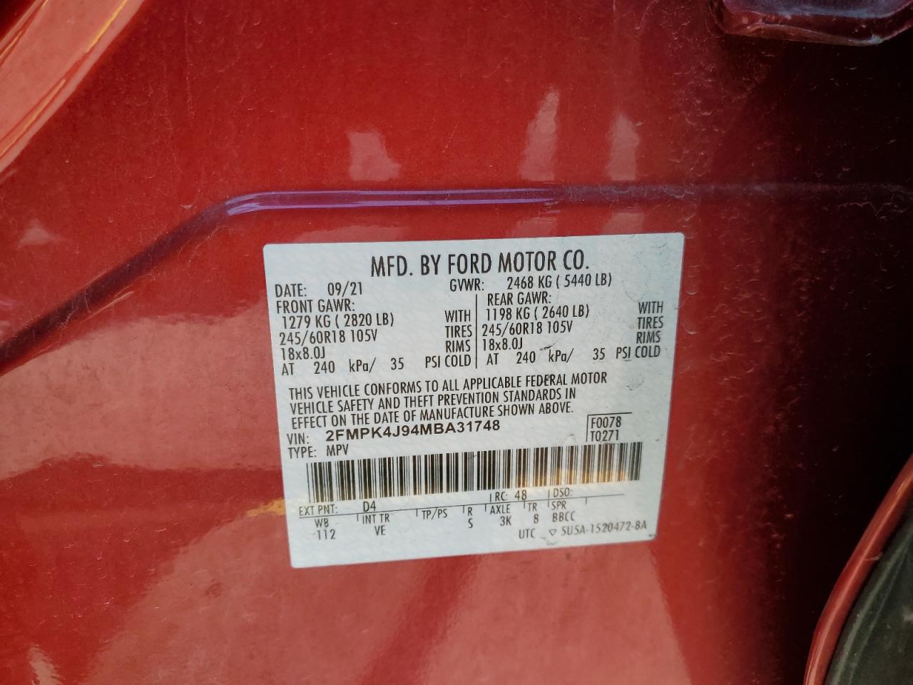 2021 Ford Edge Sel VIN: 2FMPK4J94MBA31748 Lot: 56806734