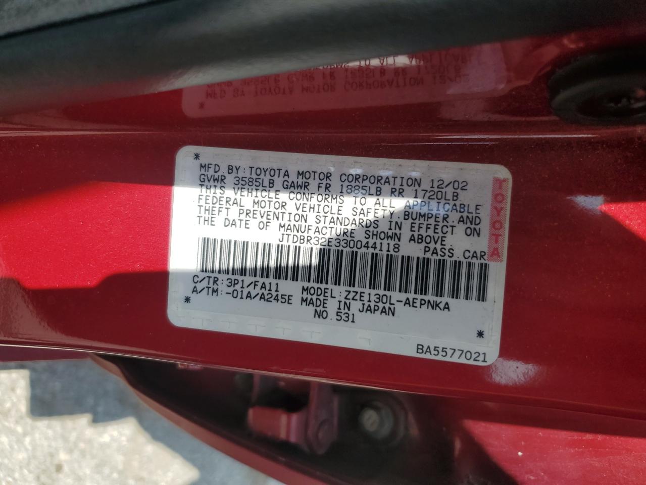 JTDBR32E330044118 2003 Toyota Corolla Ce